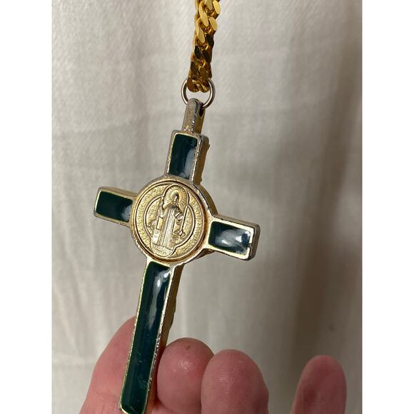 Gold tone St. Benedict Crucifix Pendant Necklace on Heavy Gold tone box chain. - Picture 8 of 16